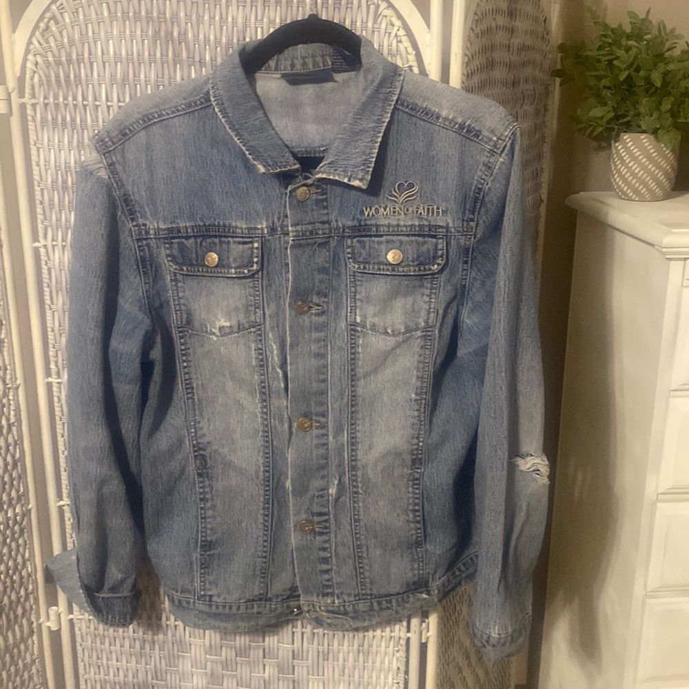Distressed Women Of Faith Blue Jean Jacket Size Medium